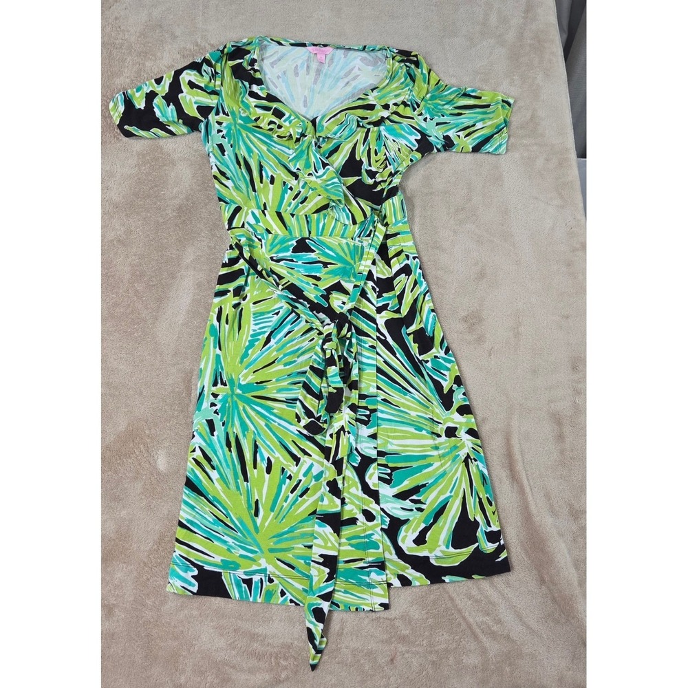 Lilly Pulitzer Midi Dress Women size M Green AOP Belted Rayon‎ Stretch EUC